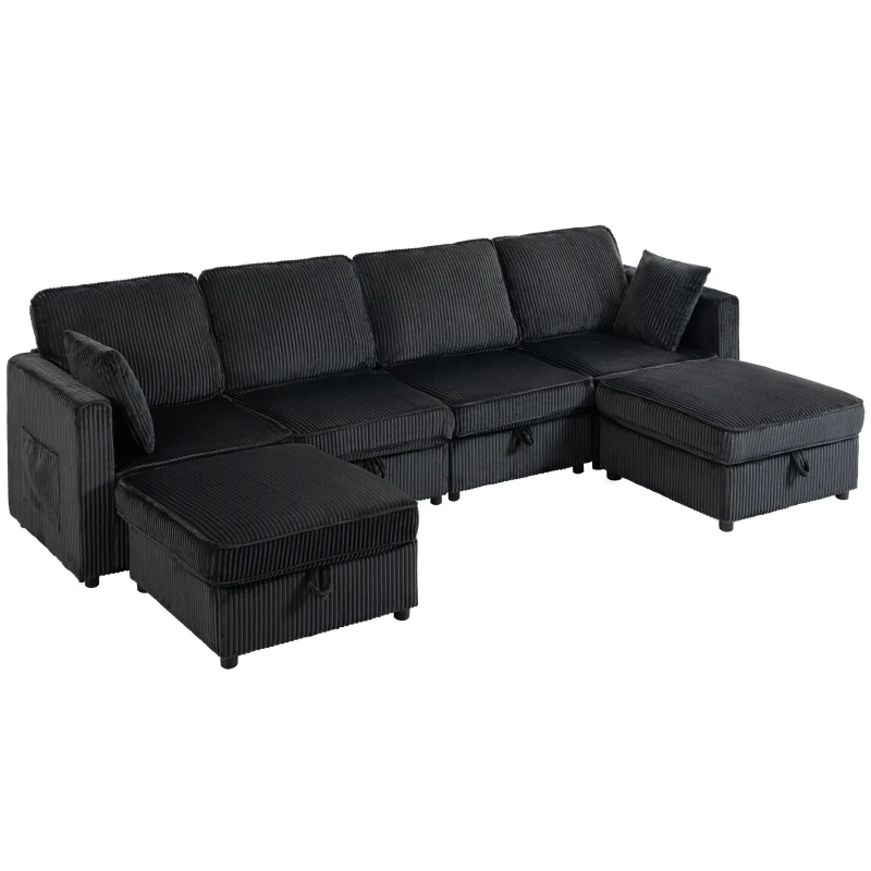 HOMCOM Modular Sofa, U-Shaped Corduroy Couch with Dual Storage Ottoman, Under-Seat Storage, 4 Pillows, Dark Grey