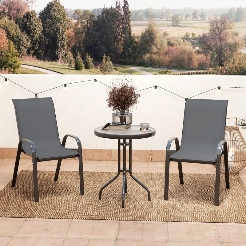 Outsunny 3 Pieces Bistro Set, Small Patio Furniture Set with Stackable Mesh Chairs, Glass Table for Garden, Balcony, Dark Grey