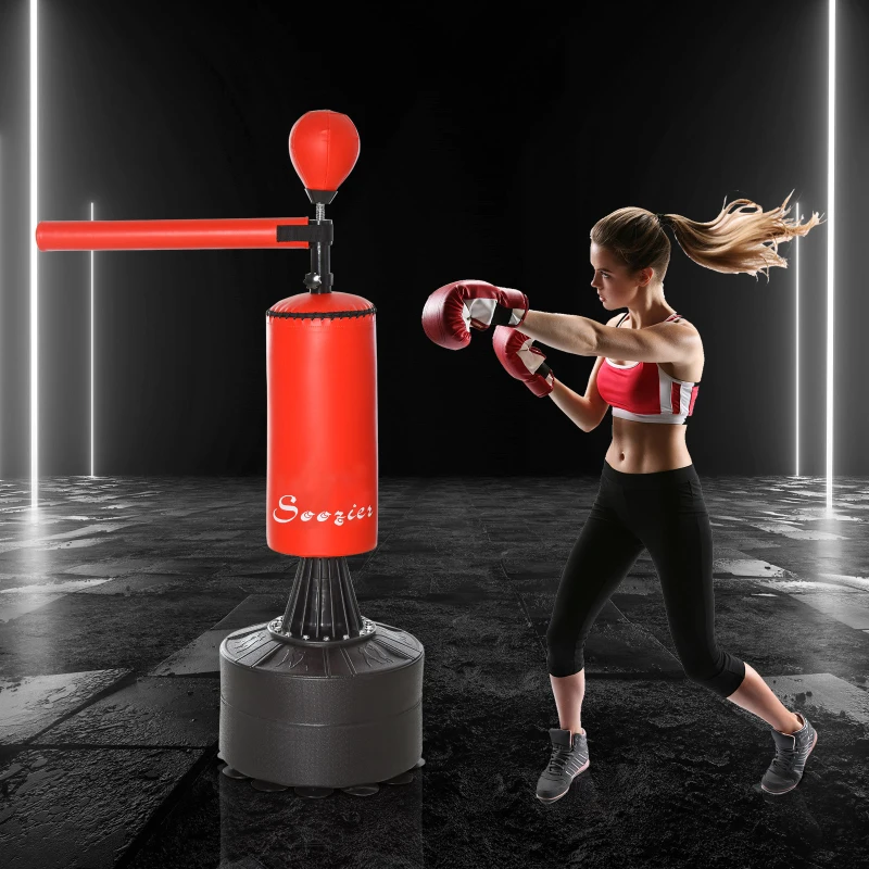 Soozier Freestanding Boxing Punch Bag Stand with 360° Rotating Flexible Arm, Speed Ball, Waterable and Sandable Base, Red