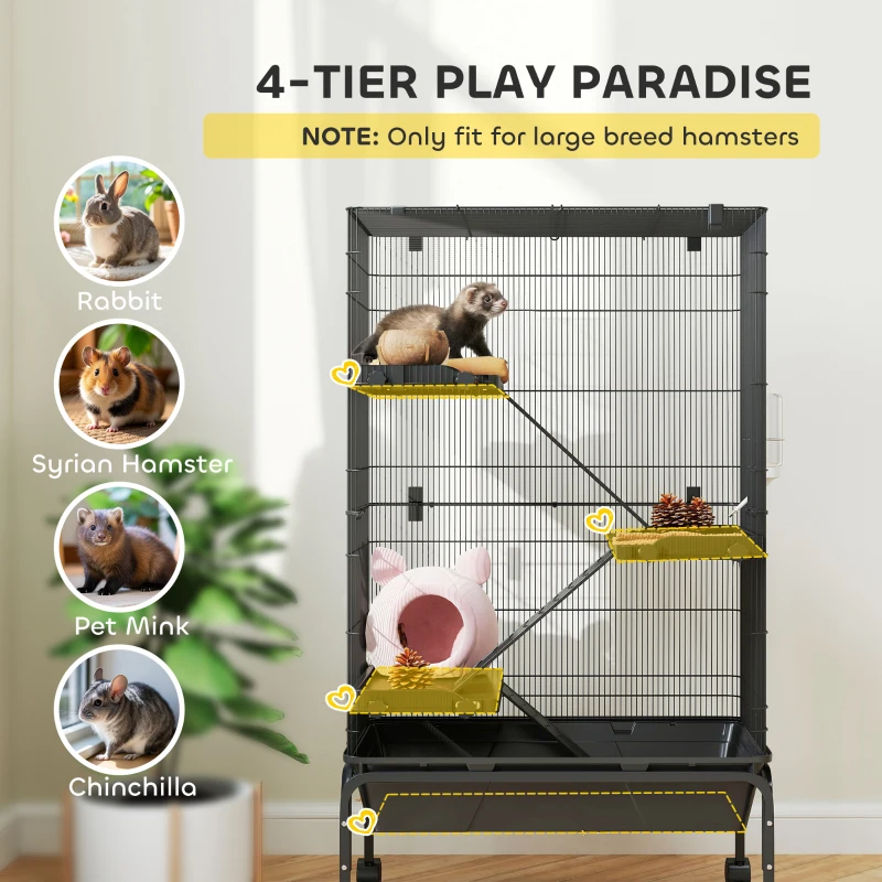 PawHut 47"H Ferret Cage, Large 4-Tier Guinea Pig Cage with Wheels, Ramps, Bowl, Water Bottle & Removable Tray, Black