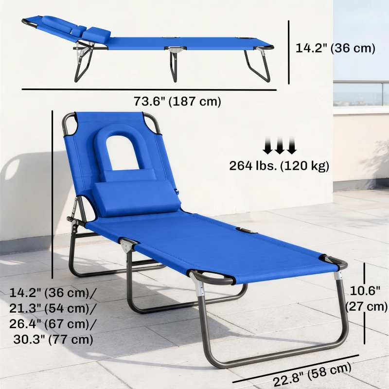 Outsunny Folding Chaise Lounge Chair, Reclining Beach Tanning Chair with Face Hole, Pillow, 4-Position Adjustable Lay Flat Sun Lounger, Steel Frame for Outdoor Patio Pool, Blue