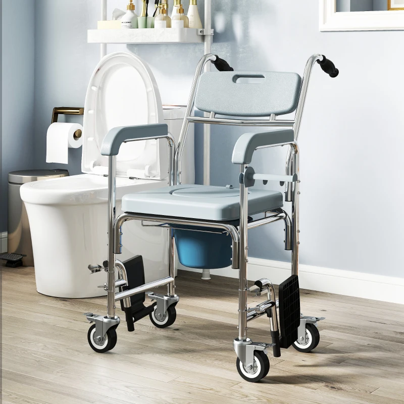 HOMCOM Rolling Shower Chair, Bedside Commode Chair with Wheels, Backrest, Arms, Flip Footrests for Seniors, Disabled, Grey