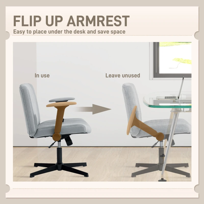 HOMCOM Criss Cross Chair with Flip-up Armrests, Wide Office Chair with Adjustable Height, Tilting, No Wheels, Grey
