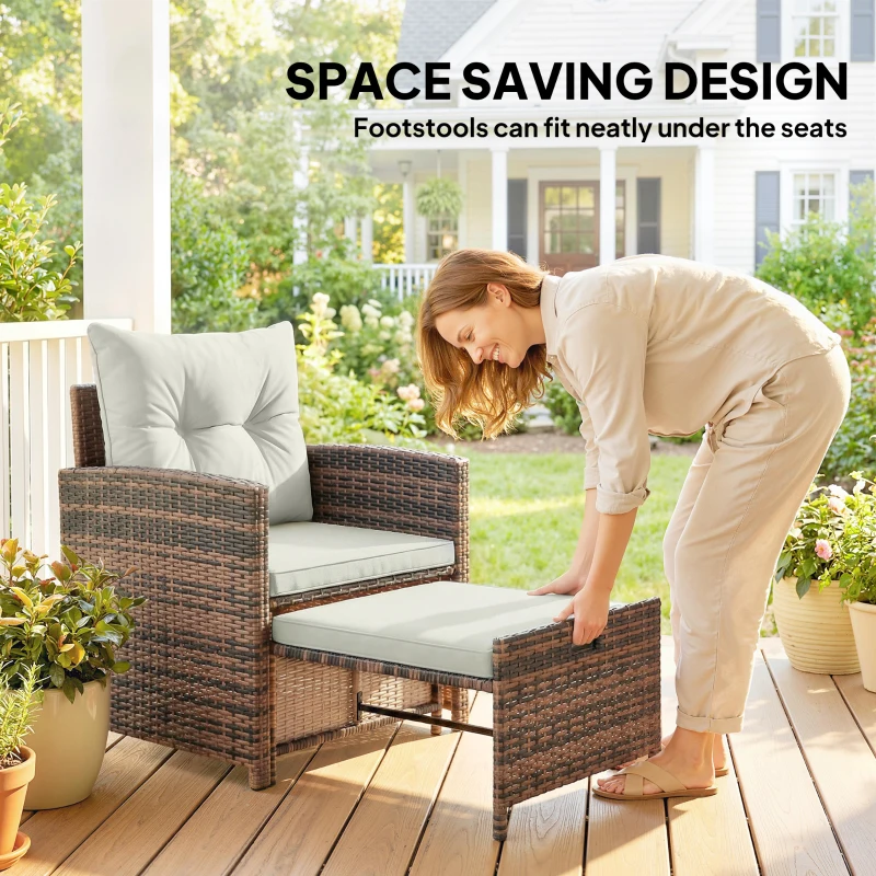 Outsunny 5 Piece Patio Furniture Set, Wicker Patio Chairs with Ottomans, 2-Tier Glass Coffee Table and Cushions, Brown/Cream