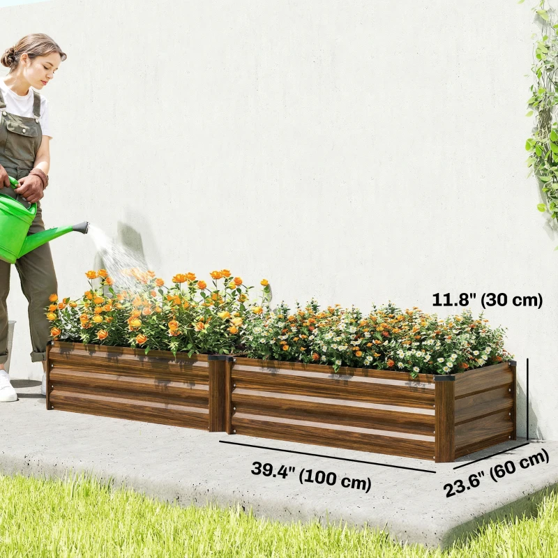 Outsunny Set of 2 Galvanized Raised Beds for Garden, Outdoor Planter Box for Flowers, Herbs and Vegetables, Dark Brown
