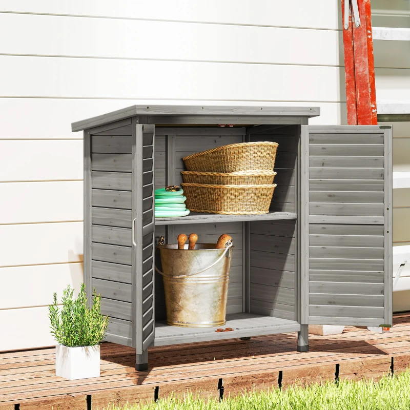 Outsunny Wooden Garden Storage Shed Kit Wood Garage Tool Organisation Cabinet with 2 Door , 34" x 18" x 38", Grey