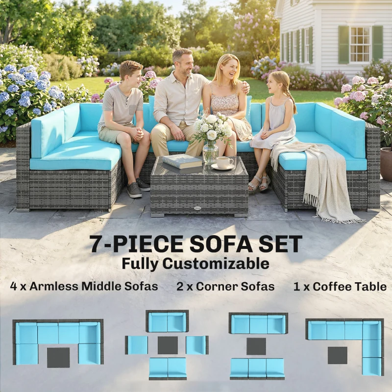 Outsunny 7 Pieces Outdoor Rattan Furniture Set, Patio Wicker Sectional Conversation Sofa Set, Blue