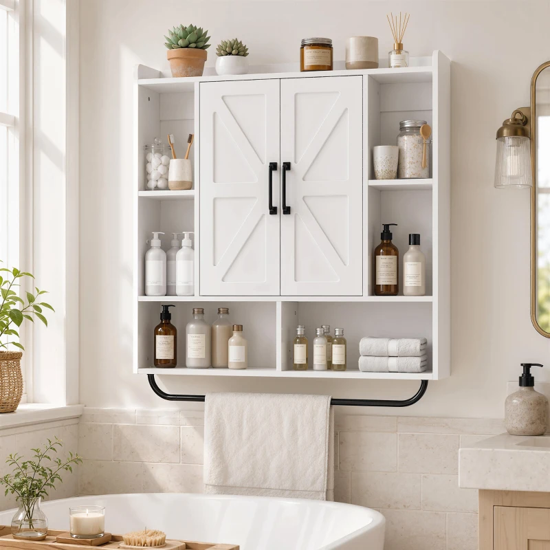 HOMCOM Bathroom Wall Cabinet, Medicine Cabinet Wall Mounted with Open and Hidden Storage Space for Bathroom, White