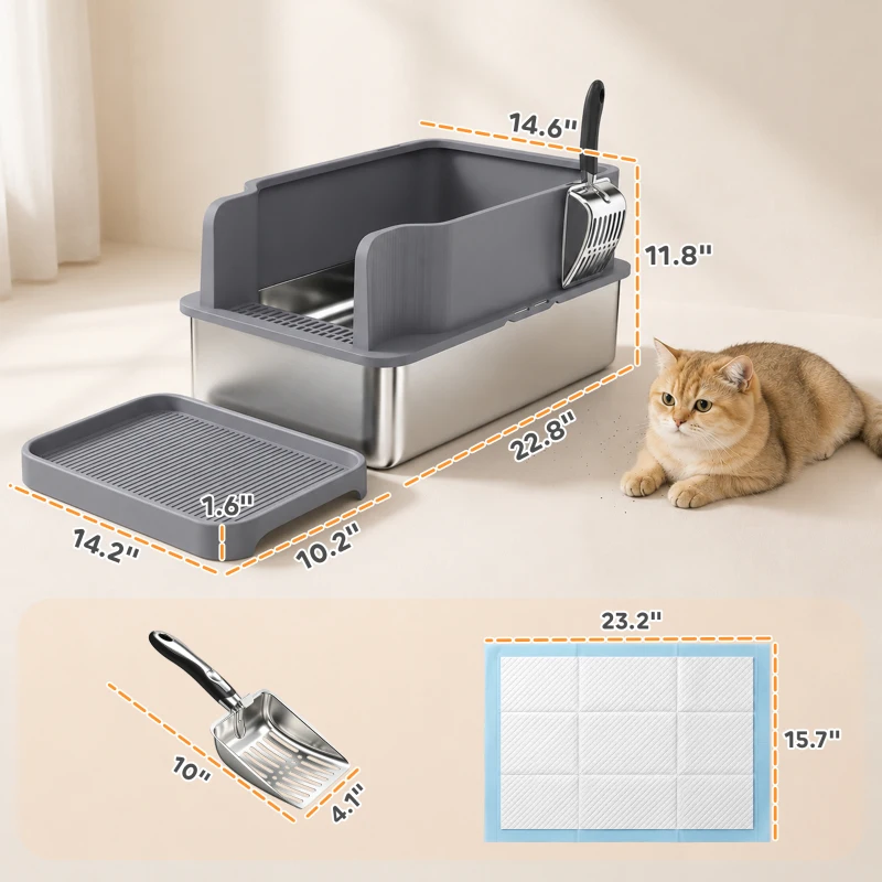 PawHut Stainless Steel Sifting Litter Box for Pine Pellets, Large Metal Litter Box with Sifter Tray, Metal Scoop, 10 Pee Pads