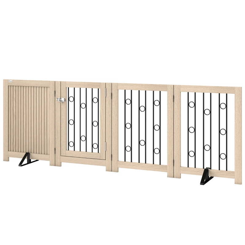 PawHut reestanding Dog Gate, Wooden Foldable Pet Gate with 4 Panels, Walk-Through Door, Support Feet, Non-Slip Mats