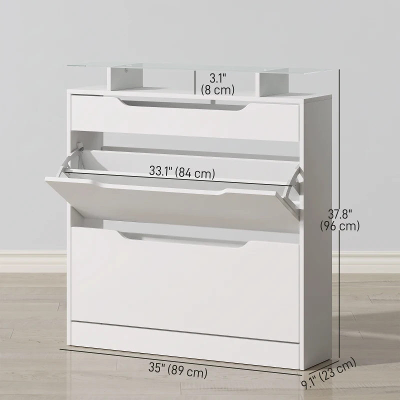 HOMCOM High Gloss Shoe Cabinet with 2 Flip Drawers and Adjustable Shelves, Narrow Shoe Storage Cabinet with Glass Top, White