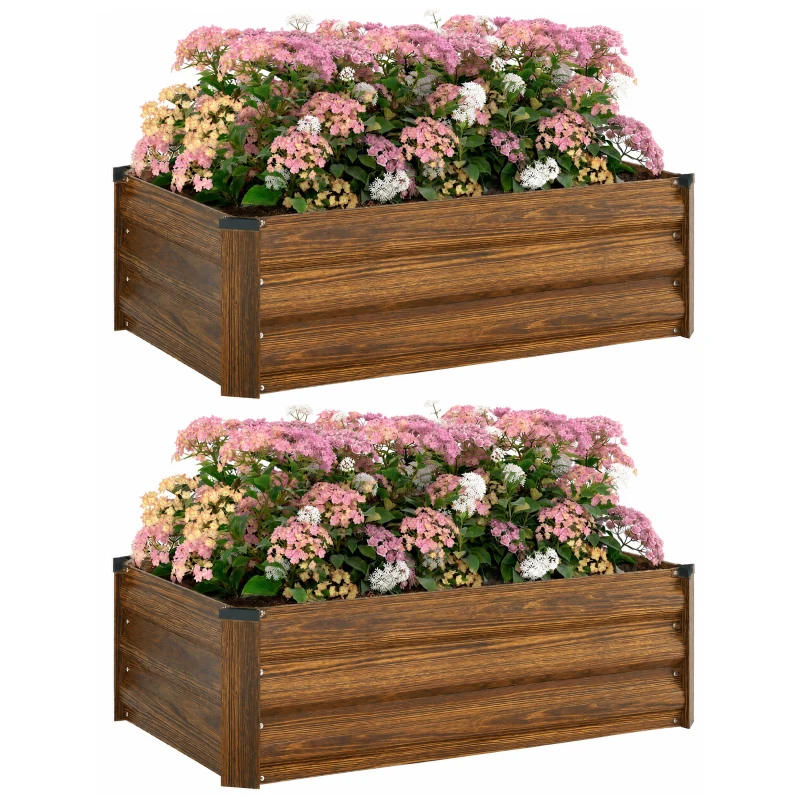 Outsunny Set of 2 Galvanized Raised Beds for Garden, Outdoor Planter Box for Flowers, Herbs and Vegetables, Dark Brown