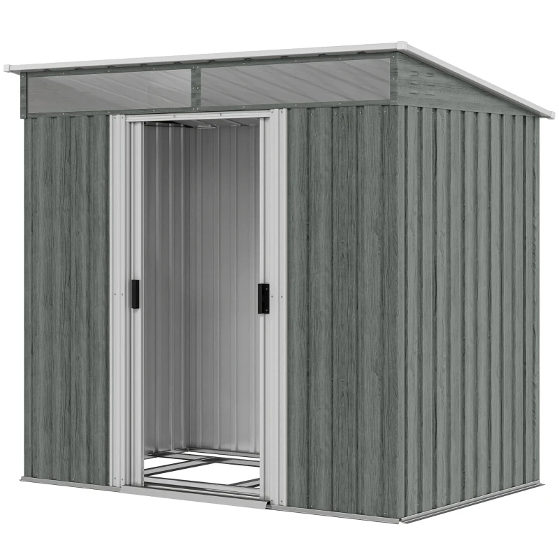 Outsunny 6.5 x 4 ft Garden Shed, Galvanised Steel Outdoor Tool Storage with Lockable Sliding Doors, Foundation Kit, Hooks & Vents, Light Grey