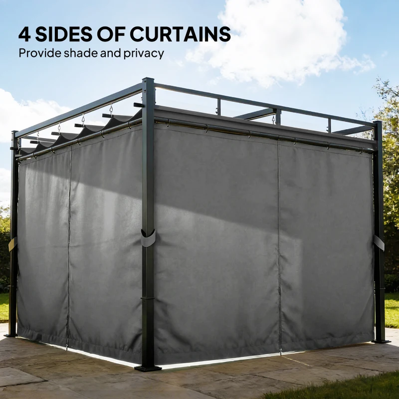 Outsunny 10' x 10' Outdoor Gazebo, Retractable Pergola Canopy with Curtains, UPF30+ Free Standing Metal Pergola Kit, Dark Grey