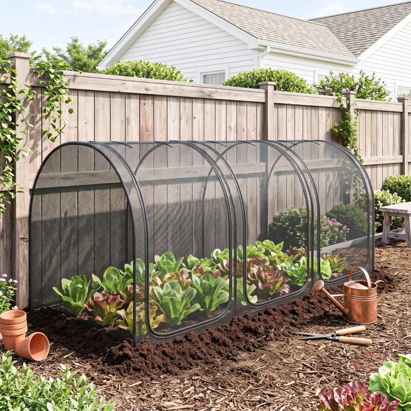 Outsunny 9' x 4' Crop Cage, Plant Protection Tent with Three Zippered Doors, Steel Frame, Storage Bag and 4 Ground Stakes, for Garden, Yard, Lawn, Black