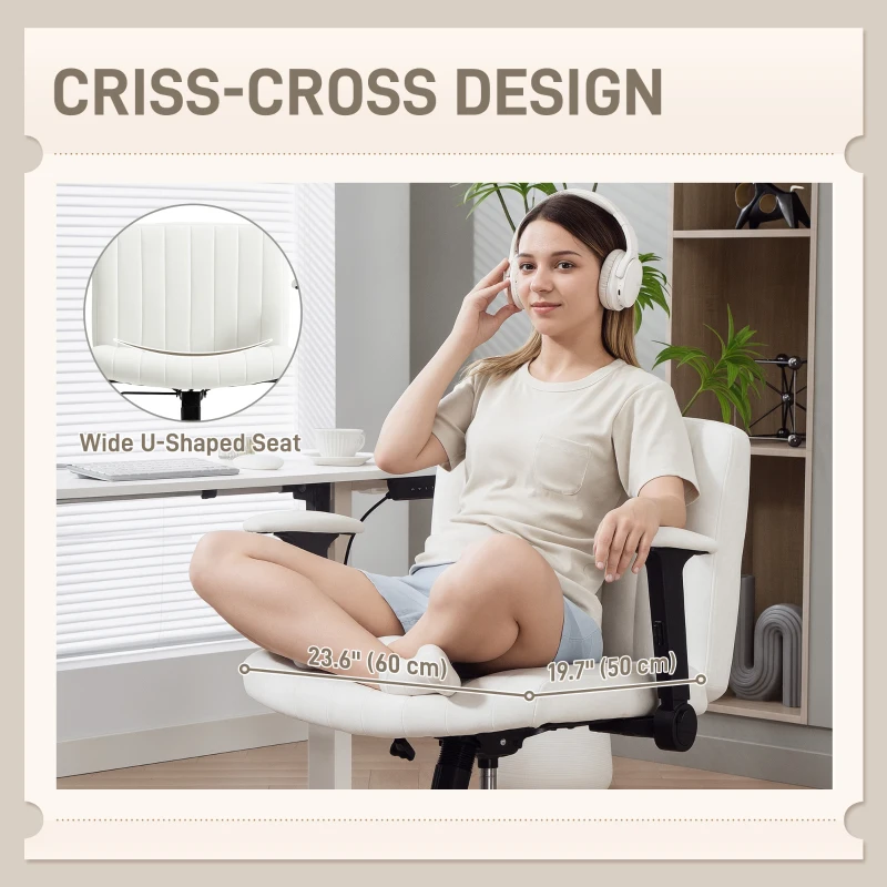 HOMCOM Criss Cross Chair with Flip-up Armrests, Wheels, Wide Office Chair with Adjustable Height, Tilting, Cream White