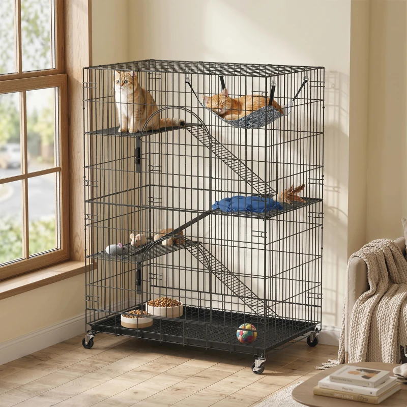 PawHut 4-Tier Cat Cage, Large Cat Enclosure with Lockable Wheels, Tray, Hammock, Bed, 3 Ramp, 3 Platforms for 3-5 Kittens