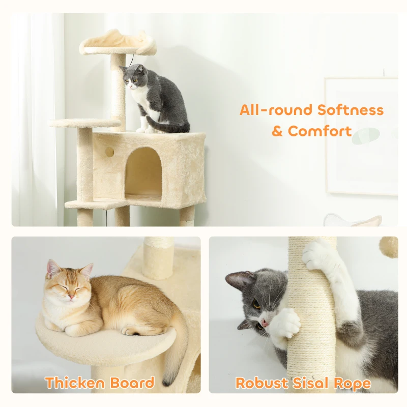 PawHut 63 Inch Cat Tree with Sisal Scratching Posts, Condos, Plush Perches, Hammock, Ladder, Dangling Balls, Beige