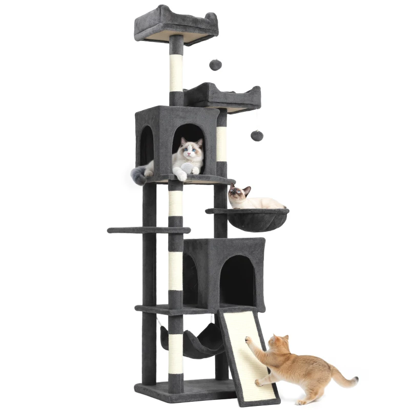 PawHut Cat Tree, 70" Multi-Level Cat Tower with 2 Condos, 2 Perches, Hammock, Toy Balls, Scratching Posts and Board, Dark Grey