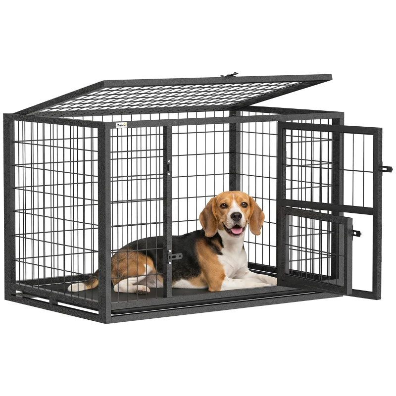 PawHut 37 Inch Heavy Duty Dog Crate, Large Metal Dog Kennel with Removable Tray, 3 Doors and Secure Lock