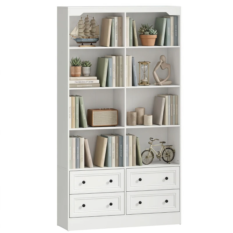 HOMCOM Bookshelf with 8 Cubbies and 4 Drawers, 5-Tier Double Wide Bookcase with Storage, Standing Book Cabinet, White