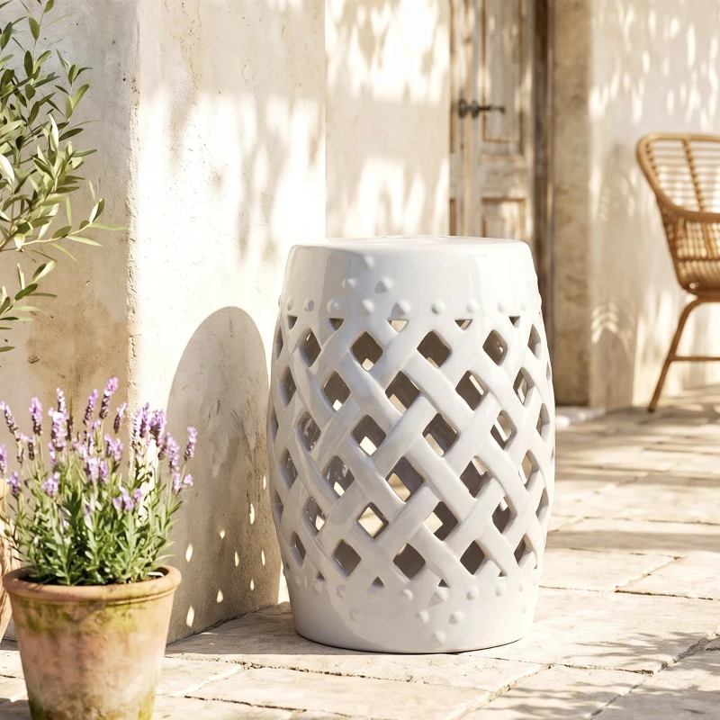 Outsunny 12.4" x 17.9" Ceramic Garden Stool with Woven Lattice Design, Indoor & Outdoor Decorative Accent Stool, White