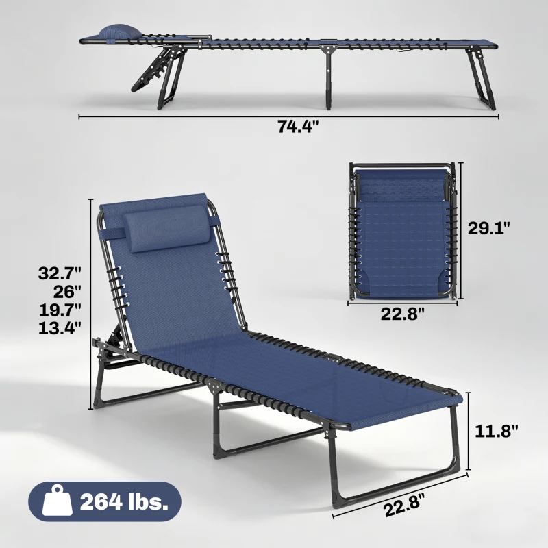 Outsunny 2 Folding Chaise Lounge Pool Chairs with 4-Position Reclining Back, Pillow, Breathable Mesh & Bungee Seat, Dark Blue