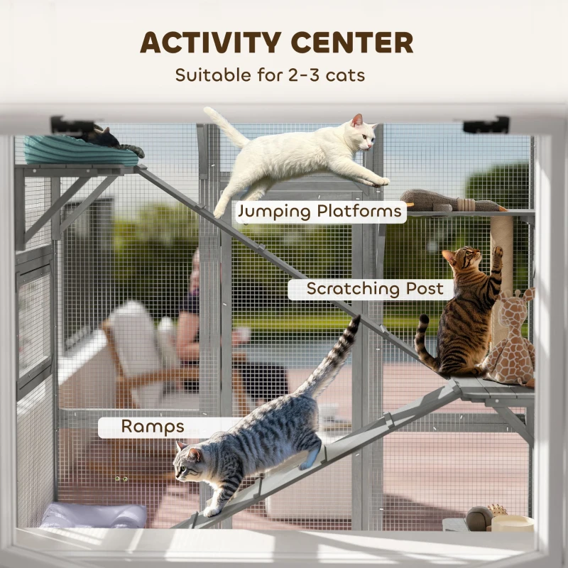 PawHut Large Outdoor Catio with 6 Jumping Platforms, Scratching Post, 2 Ramps, Waterproof Roof, Grey