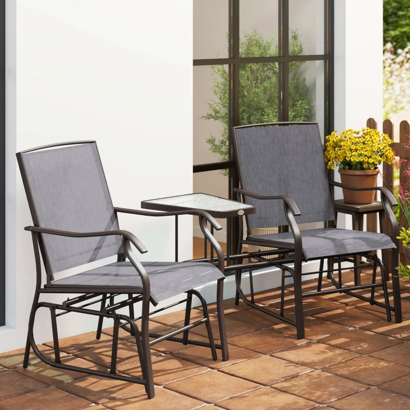 Outsunny Double Patio Glider Chair with Glass Top Center Table, Outdoor Glider Loveseat with High Back,  All Weather Breathable Mesh Fabric for Garden, Backyard, Deck, Grey