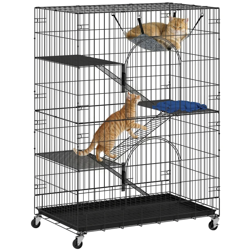 PawHut 4-Tier Cat Cage, Large Cat Enclosure with Lockable Wheels, Tray, Hammock, Bed, 3 Ramp, 3 Platforms for 3-5 Kittens