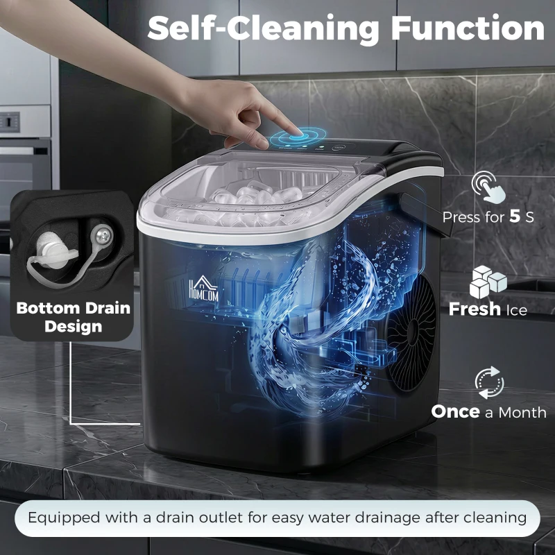 HOMCOM Portable Ice Maker Countertop with Handle, Self Cleaning Ice Maker Machine with Scoop and Basket, 26lbs/24Hrs, Black