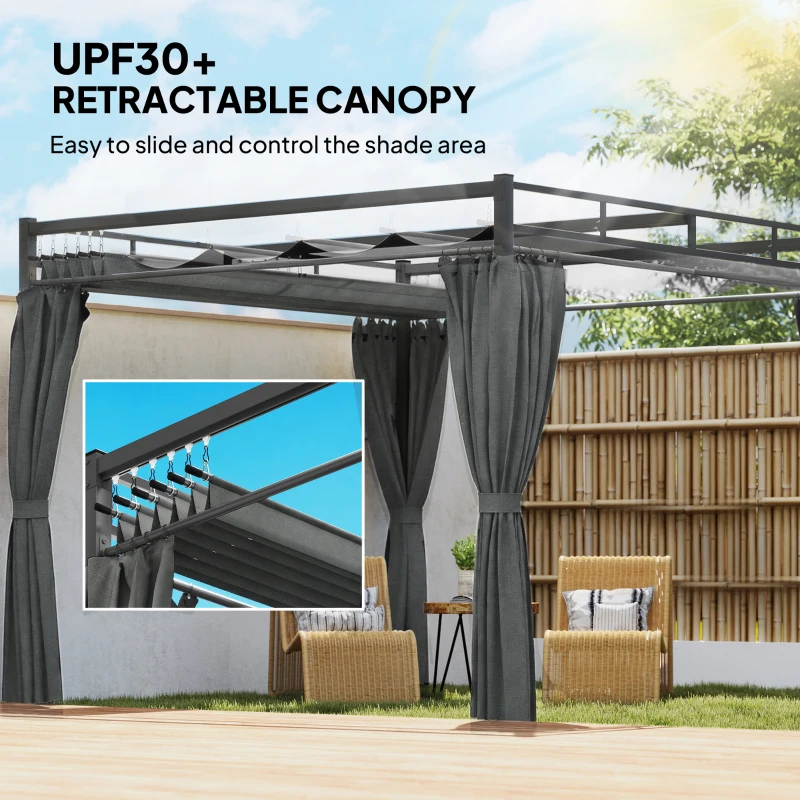 Outsunny 10' x 10' Outdoor Gazebo, Retractable Pergola Canopy with Curtains, UPF30+ Free Standing Metal Pergola Kit, Dark Grey