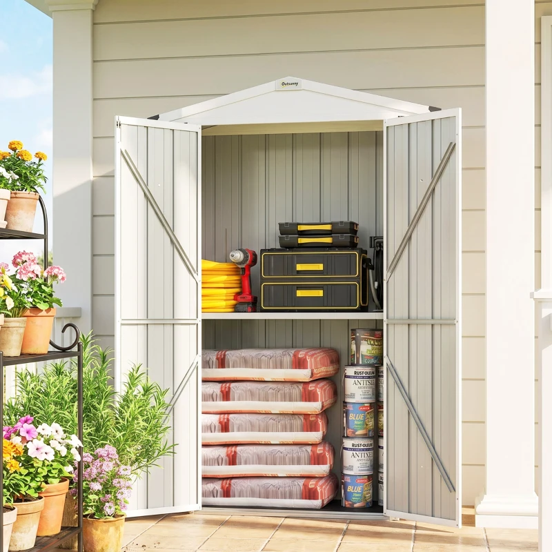 Outsunny Outdoor Storage Shed Apex Roof Metal Garden Shed with Shelf for Backyard, Light Grey