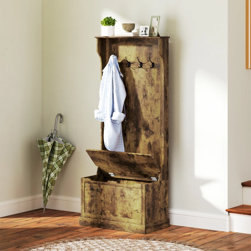 HOMCOM 4-In-1 Hall Tree with Coat Rack, Top Shelf, Shoe Storage and Bench Seat, Entryway Bench with 4 Hooks, Rustic Brown