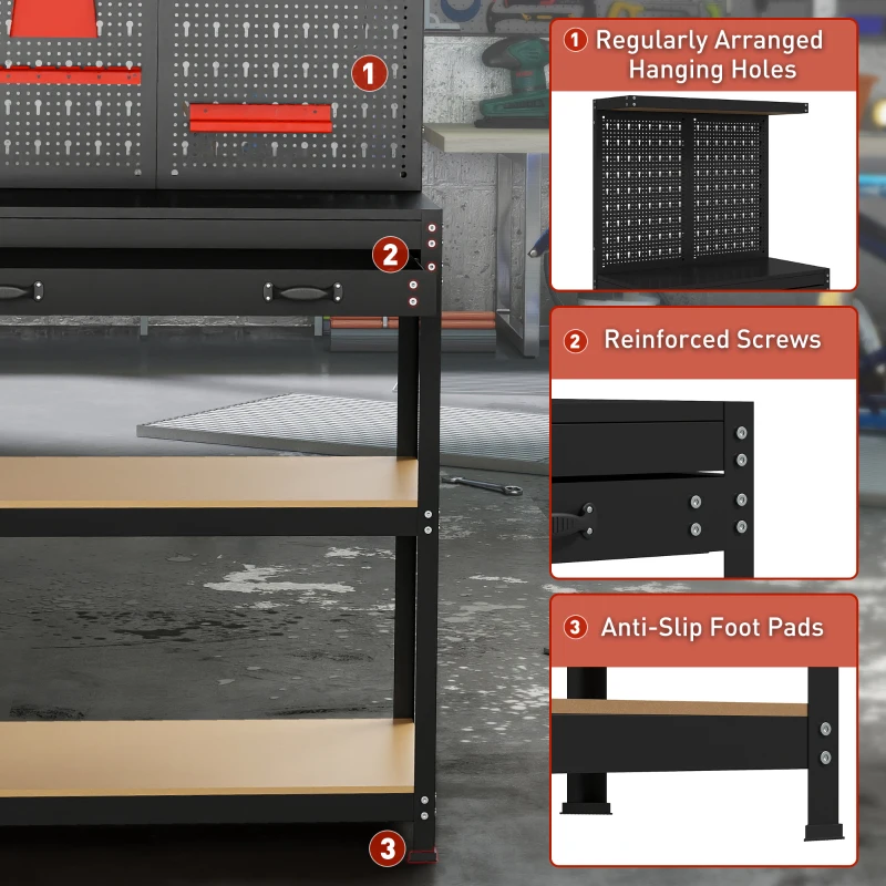HOMCOM Work Bench with Pegboard, 31.5" Heavy Duty Metal Workbench with Hanging Kits, 2 Lower Shelves and Large Drawer, Black