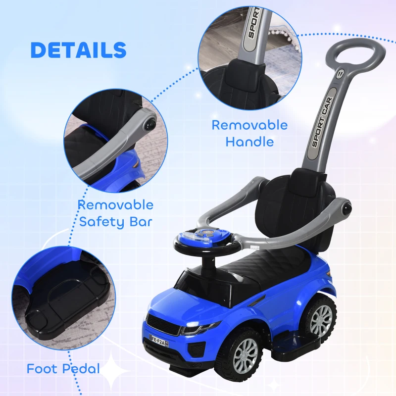 Aosom 3 in 1 Kid Ride on Push Car, Toddlers Sliding Walking Car, with Horn, Under Seat Storage, for 18-36 Months, Blue