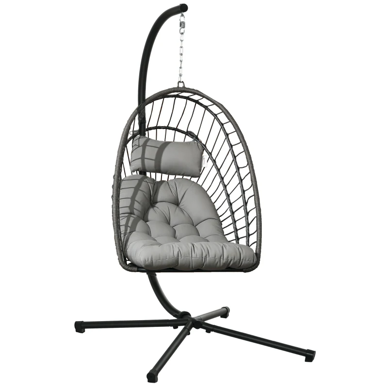 Outsunny Hanging Egg Chair with Stand, Foldable Wicker Rattan Swing Chair with Thick Cushion, Light Grey