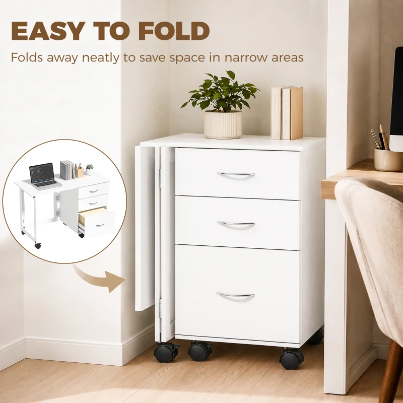 HOMCOM Computer Desk Foldable Top Office Desk 3 Drawers, 4 Lockable Wheels, White Wood Grain