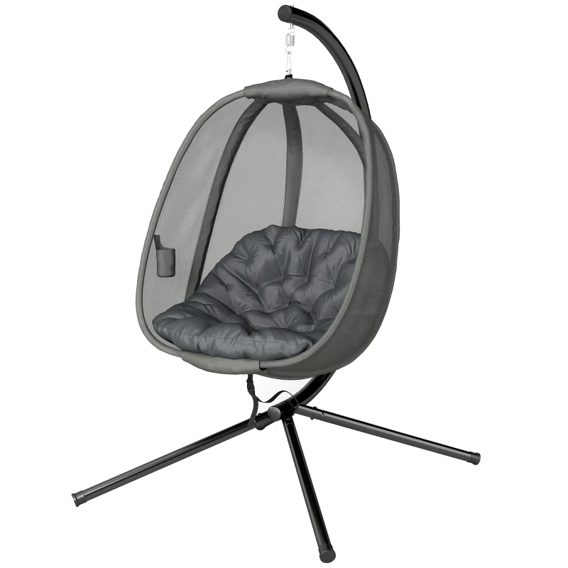Outsunny Hanging Egg Chair, Outdoor Indoor Swing Chair with Stand, Folding Basket and Thickened Cushion, Grey