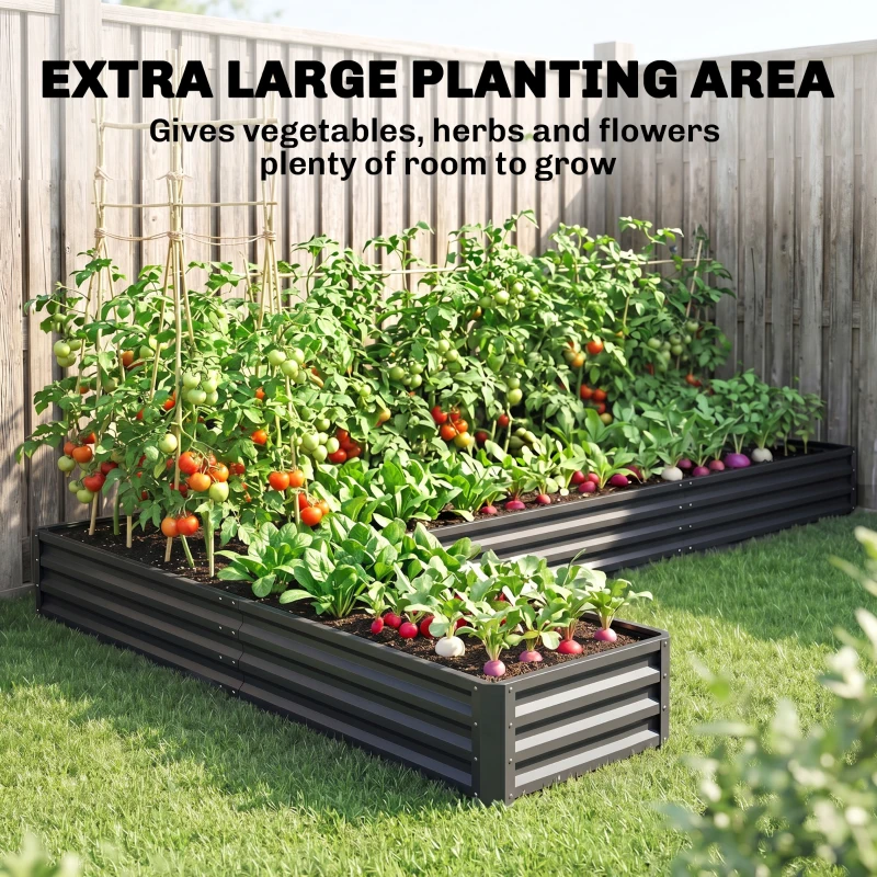 Outsunny L-Shaped Raised Garden Bed, 82" x 109" x 12" Galvanized Steel Planter Box with Multi-reinforced Rods for Vegetables, Flowers and Herbs, Dark Grey