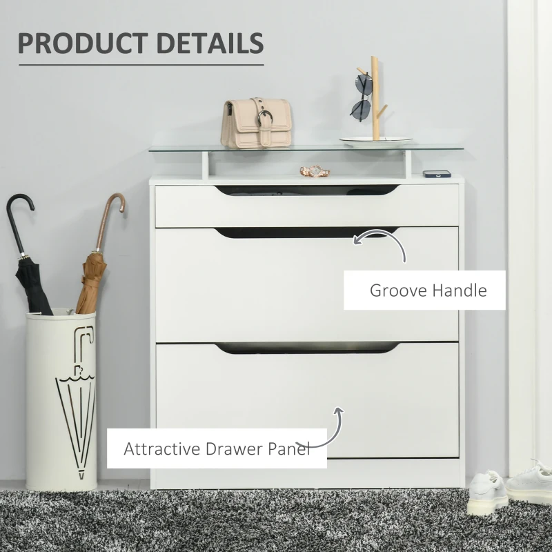 HOMCOM High Gloss Shoe Cabinet with 2 Flip Drawers and Adjustable Shelves, Narrow Shoe Storage Cabinet with Glass Top, White
