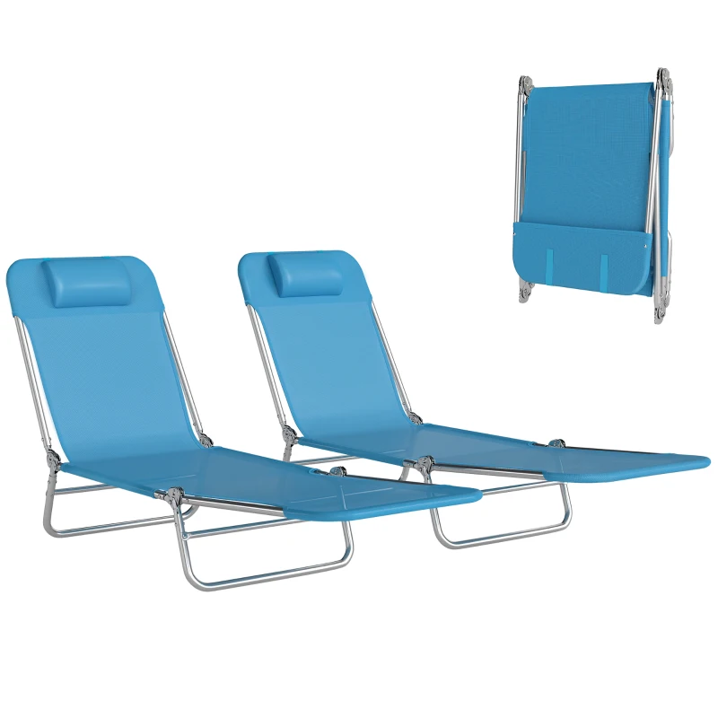 Outsunny Set of 2 Folding Chaise Lounge Chairs, Outdoor Poolside Sun Tanning Chairs w/ Pillow, Reclining Backrest, Blue