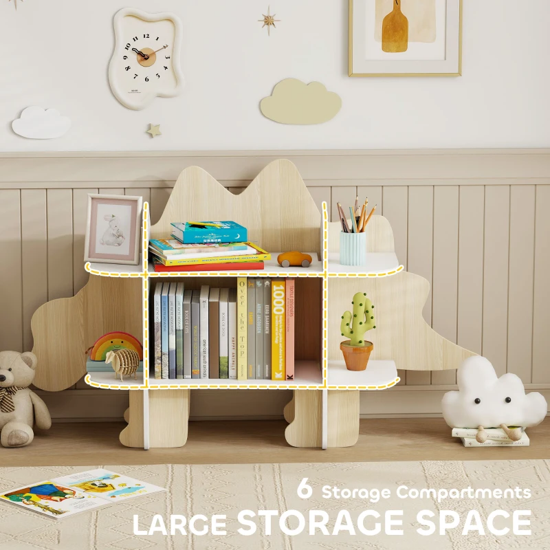Qaba Dinosaur Themed Kids Bookshelf, 2 Tier Kids Bookcase, for Playroom, Bedroom, Living Room, Kids Room, Natural