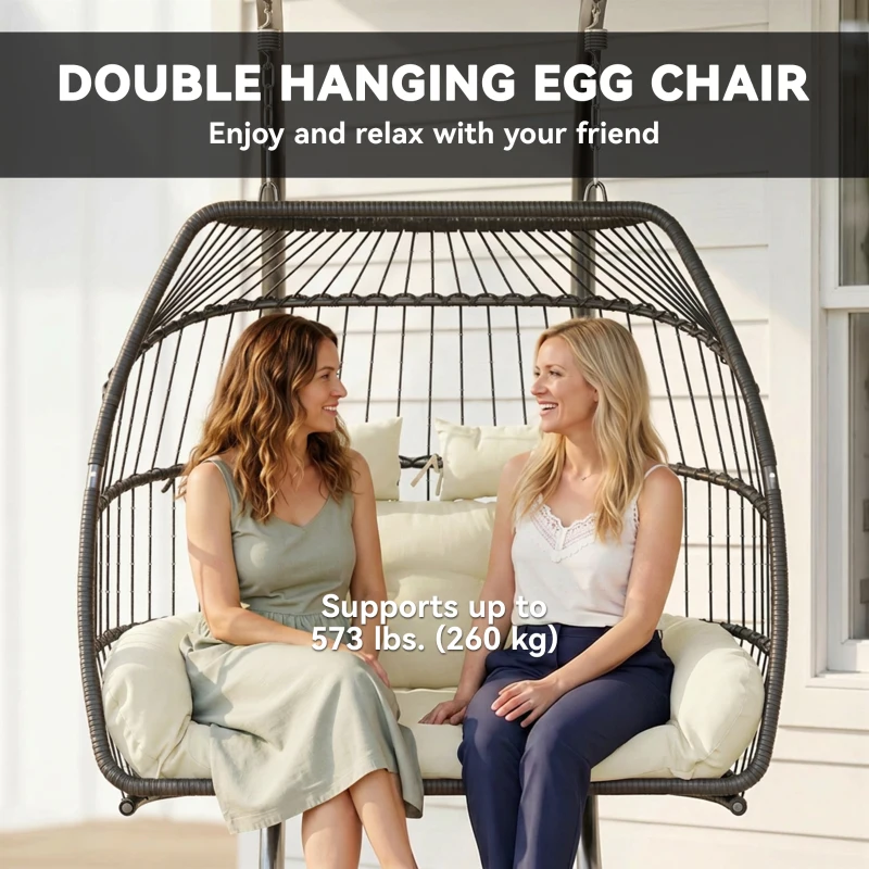 Outsunny Double Wicker Egg Swing Chair with Stand, Foldable Hanging Egg Chair with UV Resistant Cushion, Headrest, Cream White