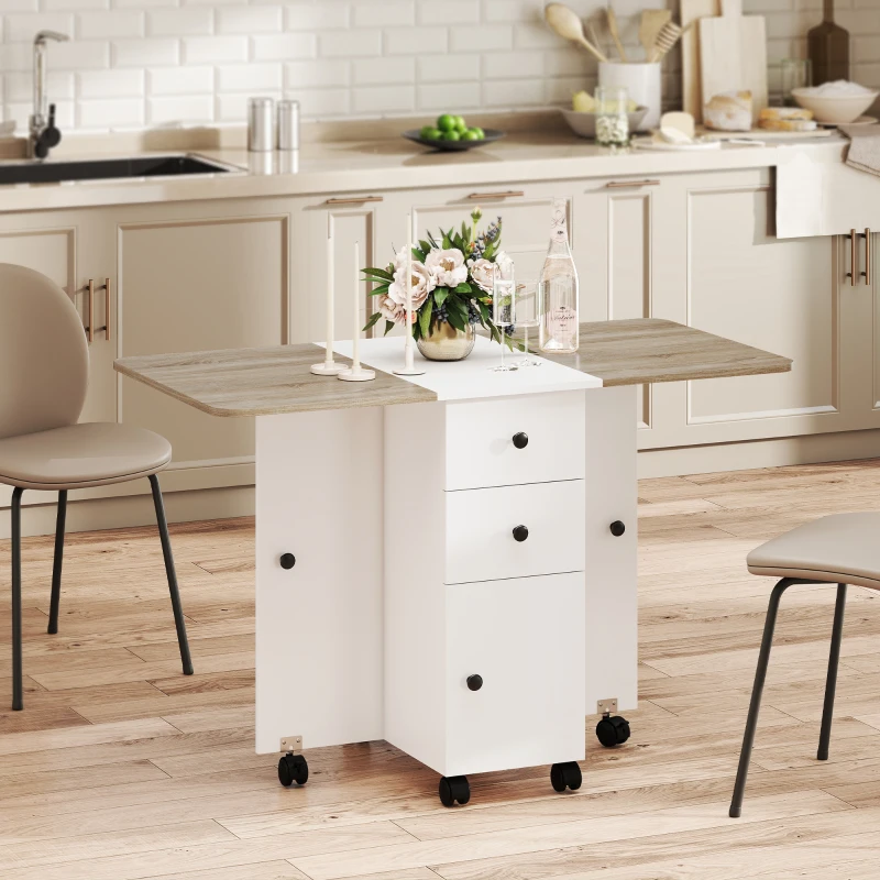 HOMCOM Drop Leaf Dining Table, Mobile Folding Table on Wheels with Drawers and Cabinet for Dining Room, Kitchen, White and Oak