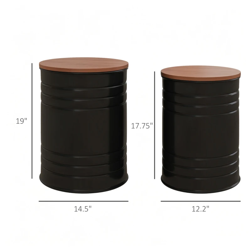 HOMCOM Round Storage Ottoman Set of 2, Nesting Ottomans with Wooden Lid, Metal Frame and Hidden Storage Space for Bedroom