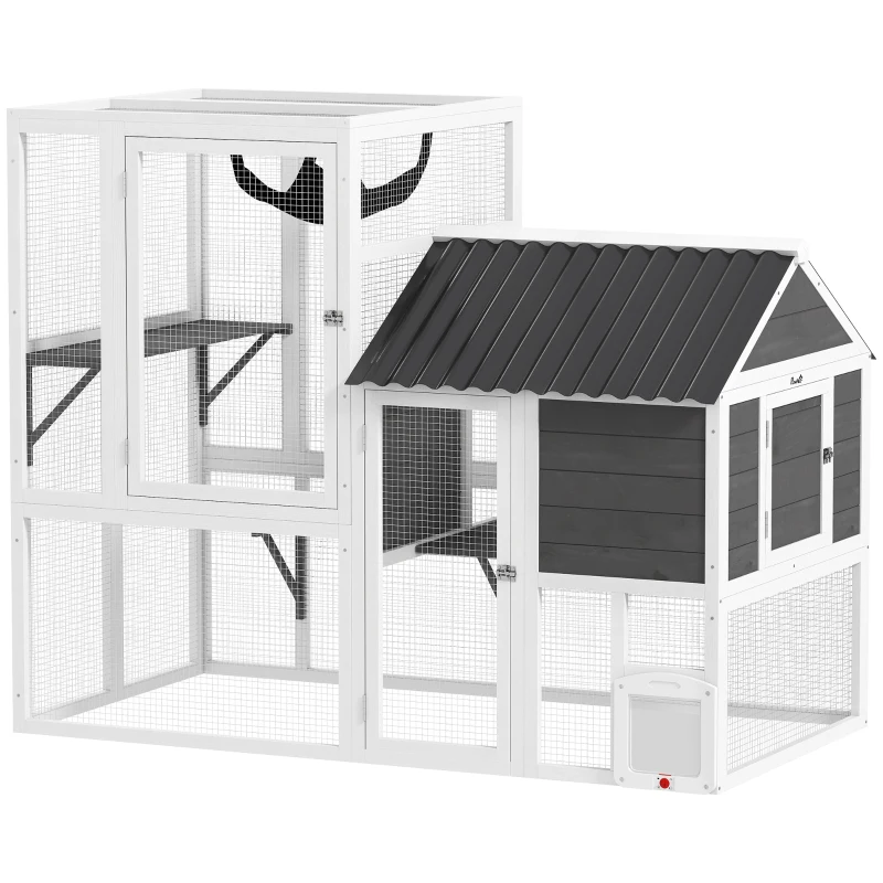 PawHut Catio Outdoor Cat Enclosure, 63" L Large Cat House with 4-Way Adjustable Door, Private House, Hammock, 2 Platforms