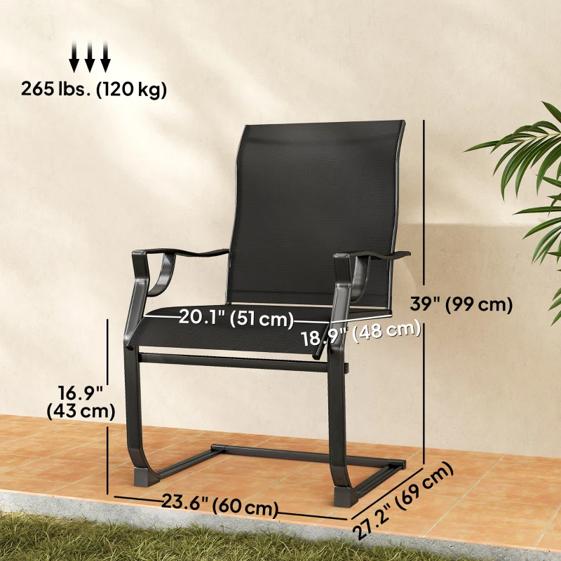 Outsunny C Spring Motion Patio Chairs Set of 2 with Curved High Backrest, Armrest, All Weather Breathable Fabric, Metal Frame