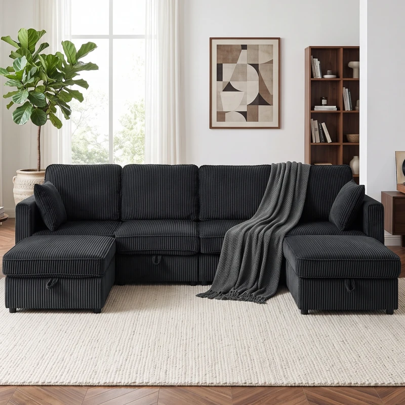 HOMCOM Modular Sofa, U-Shaped Corduroy Couch with Dual Storage Ottoman, Under-Seat Storage, 4 Pillows, Dark Grey