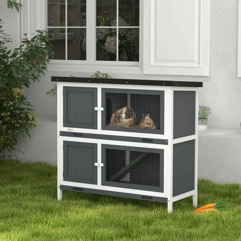 PawHut Wood Rabbit Hutch with 2 Large Main House, Ramp, Trays, Grey
